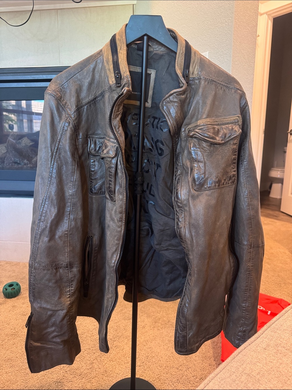 Men's Distressed Brown Leather Bomber Jacket